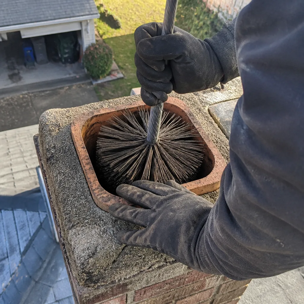 Professional chimney sweep cleaning a chimney flue with a wire brush