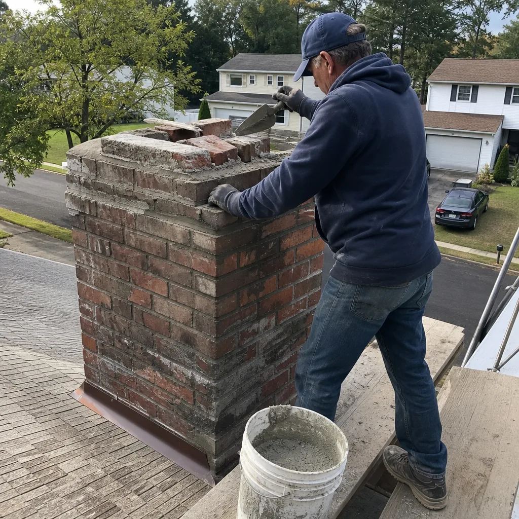 Professional mason performing expert brick chimney repair and mortar work